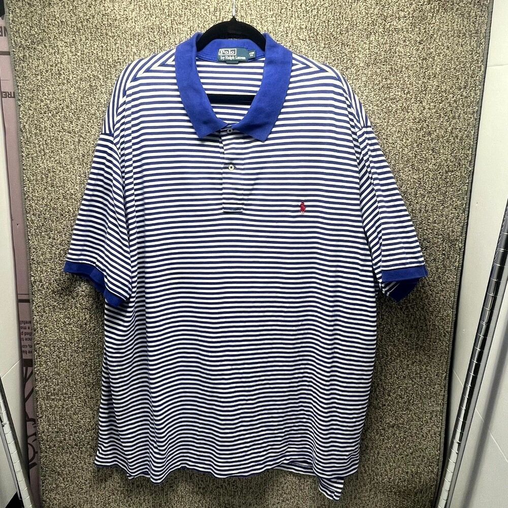 Polo Ralph Lauren Polo Shirt Mens 4XB White Blue Striped Cotton Mesh Golf Tennis